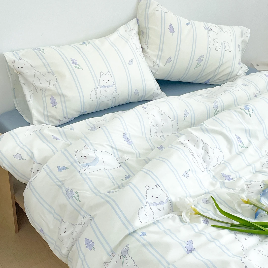 耶耶告白信 原创薰衣草小狗全棉床上四件套蓝色条纹被套枕套ins风
