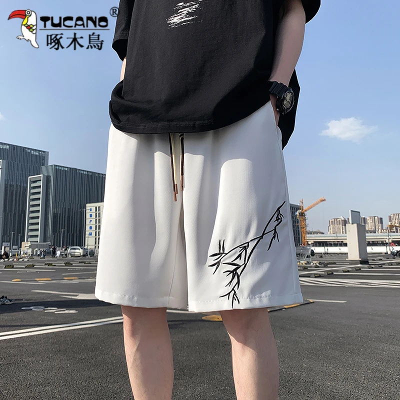 TUCANO/啄木鳥夏季休闲裤刺绣短裤男中国风冰丝裤宽松五分裤百搭