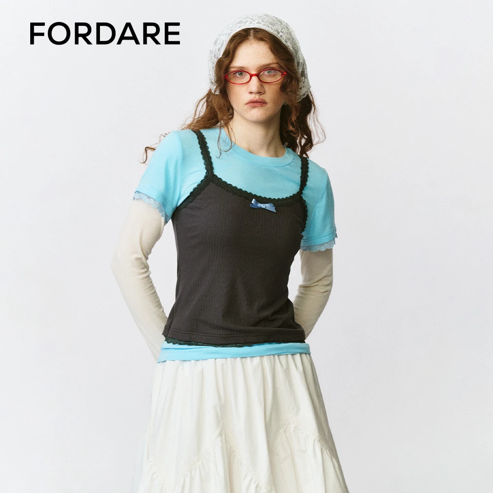 FORDARE/福蝶25早秋灰色吊带背心假两件套头长袖T