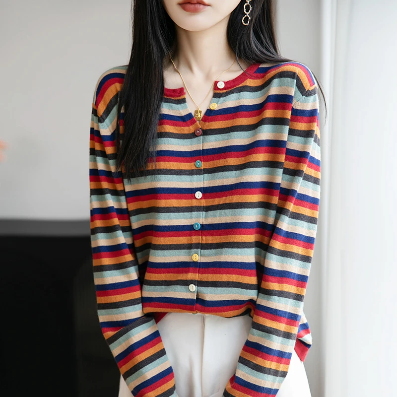 哥弟阿玛施正品韩版女式早秋彩扣条纹拼色针织衫开衫外套宽松T恤