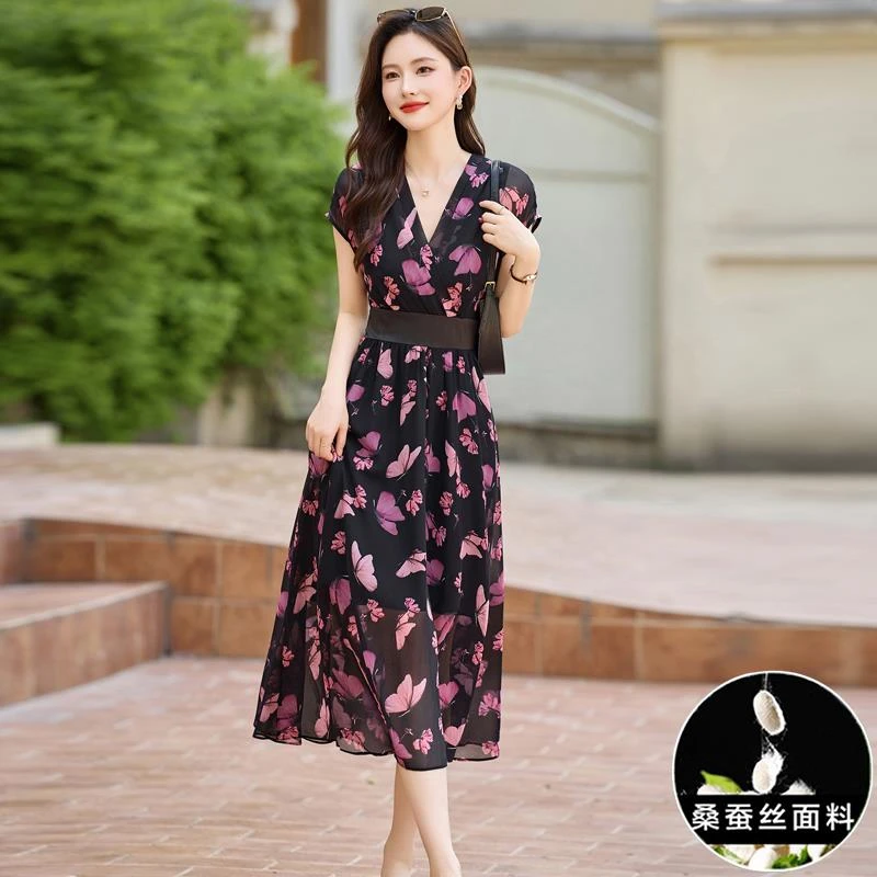 杭州高端冰丝连衣裙女2025新款夏季流行时尚之大气印花桑蚕丝裙子