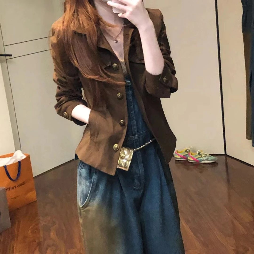 pinkmoon||秋女短外套服装棕色翻领工装外套气质美式夹克收腰上衣