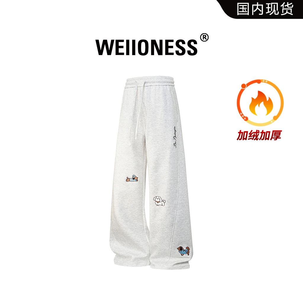 WEIIONESS动物刺绣休闲裤男款冬季百搭直筒宽松大码加绒加厚长裤