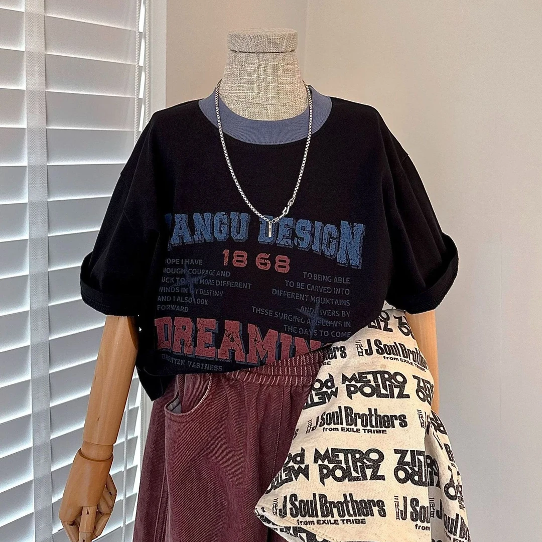 高端 撞色黑色儿童短袖 字母印花男童 女童