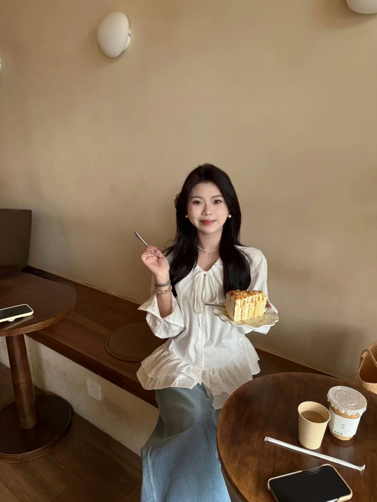 【花城如画】法式气质系带V领白色衬衫女木耳边宽松显瘦长袖上衣春