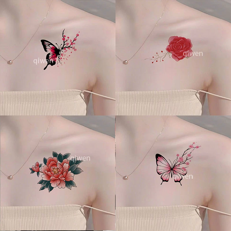 2025流行蝴蝶花朵纹身贴持久一年防水刺青贴女款可洗学生党锁骨