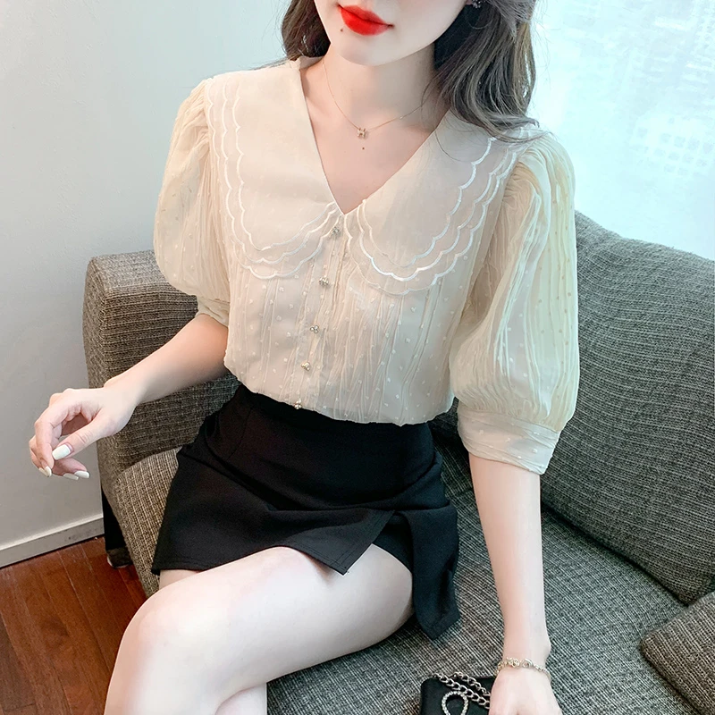 高级感双层娃娃领短袖衬衫女夏季2025爆款时尚洋气泡泡袖雪纺上衣