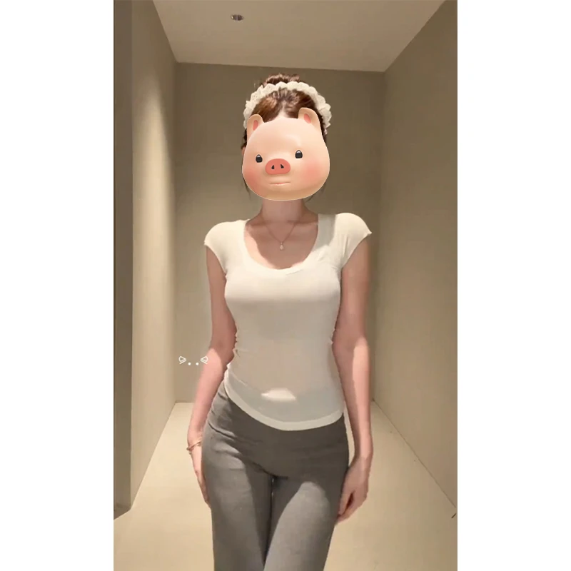 白色U领正肩短袖T恤女夏季2025新款修身显瘦纯欲辣妹微透短款上衣