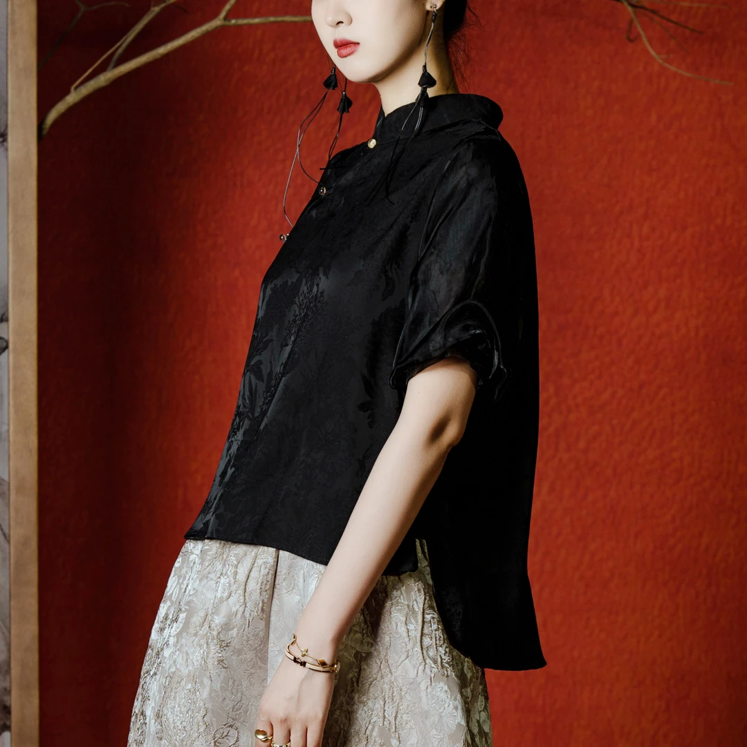 【焕夏墨晨】BF33101黑色泡泡袖新中式斜门襟短袖上衣