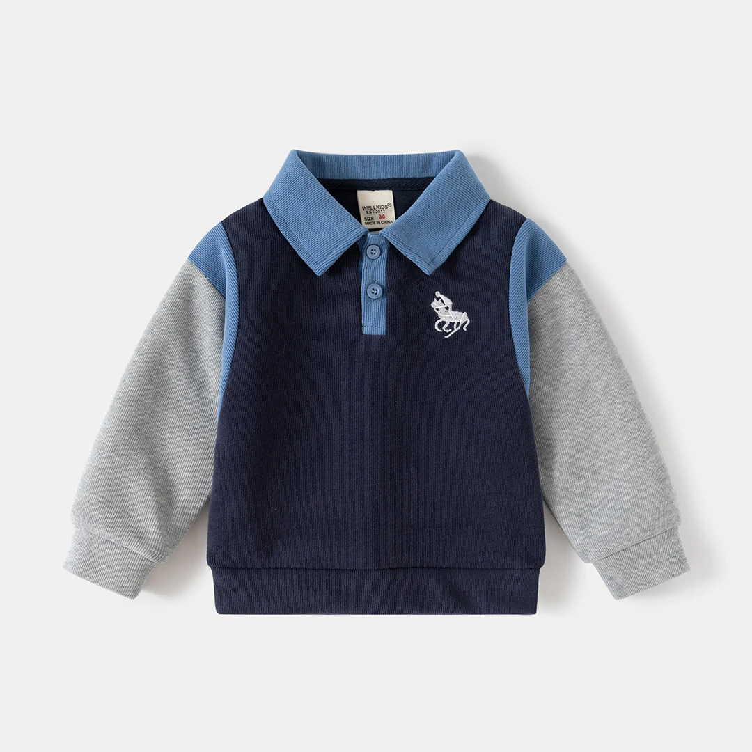 男童卫衣拼袖翻领上衣2025新款春秋童装假两件拼接宝宝刺绣套头衫