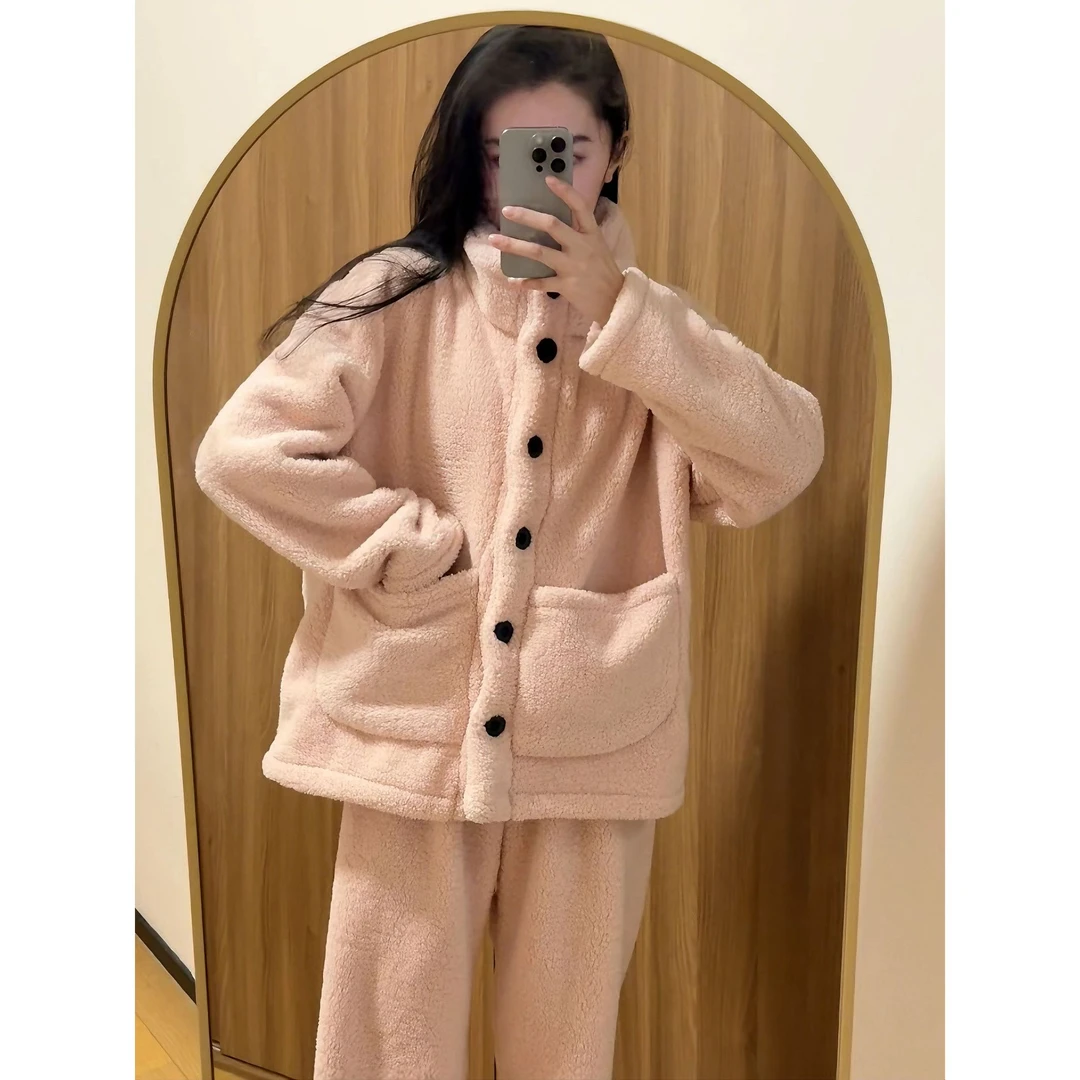 【清高定】高织高密加绒北羔绒睡衣女秋冬季套装家居服保暖长袖