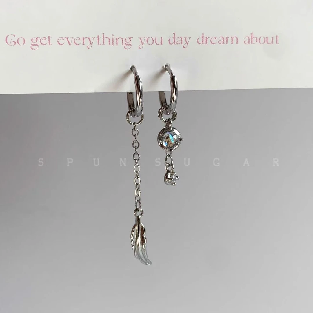 双耳洞不对称流苏羽翼耳环小众个性幻彩水滴气质长款耳扣耳饰女