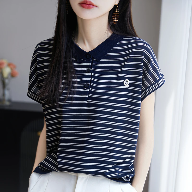 哥弟阿玛施正品夏季新款撞色条纹薄款针织衫时尚休闲T恤衫上衣女