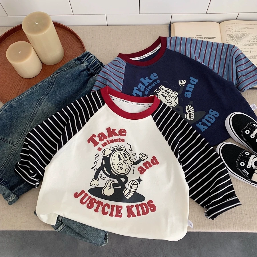 儿童插肩袖长T2025男童秋季新款小童卡通闹钟上衣宝宝打底衫纯棉