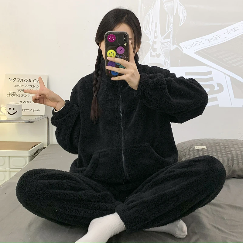 大码睡衣女秋冬季高领拉链黑色宽松胖mm宽松200斤珊瑚绒保暖套装