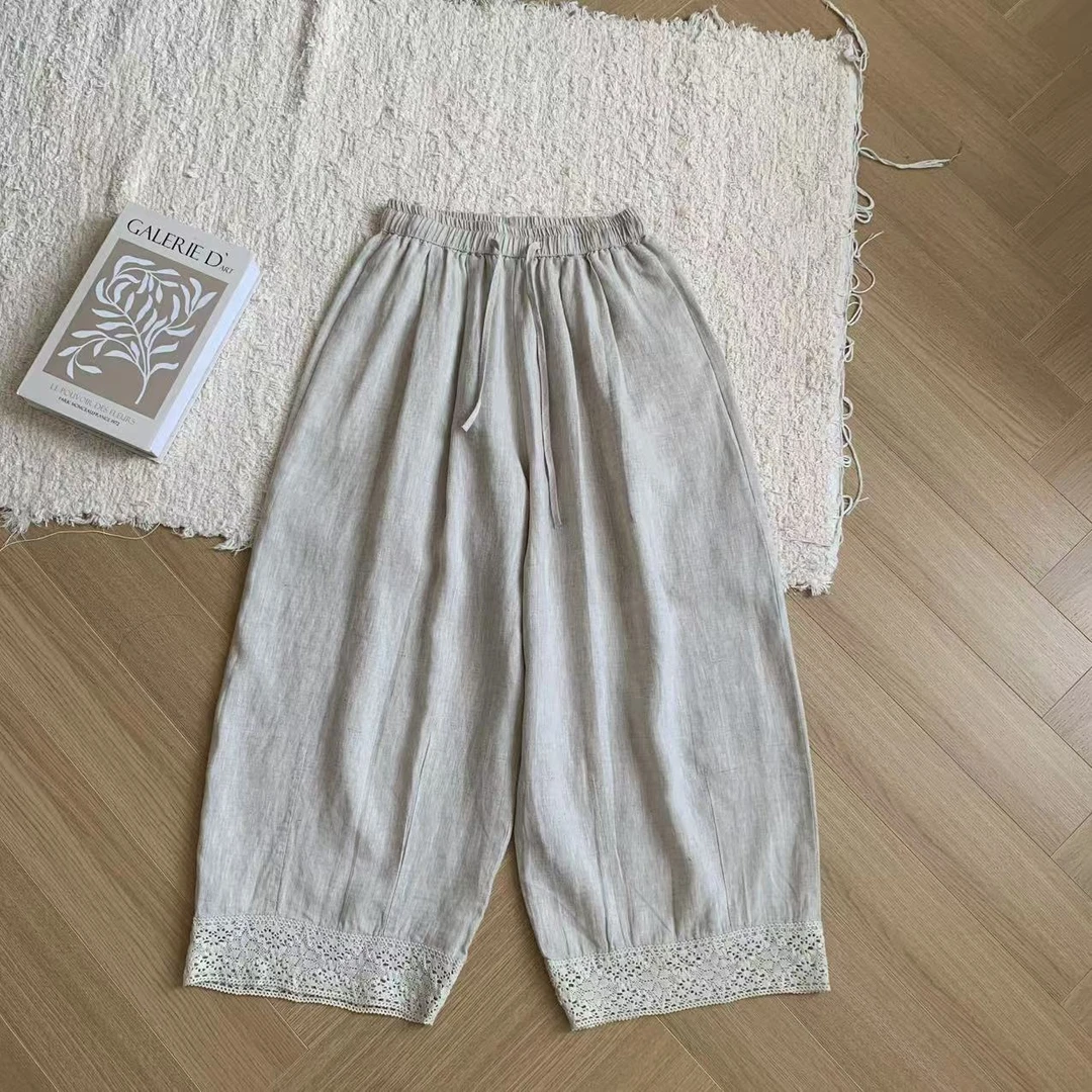 素心轻奢 2025夏季文艺复古蕾丝花边拼接亚麻显瘦百搭阔腿气球裤