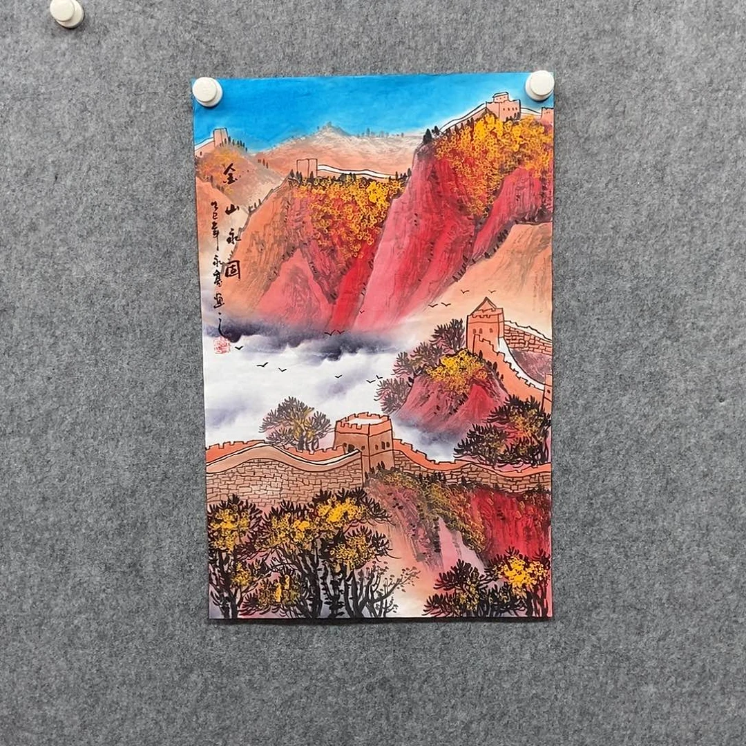 国画四尺三开长城一副