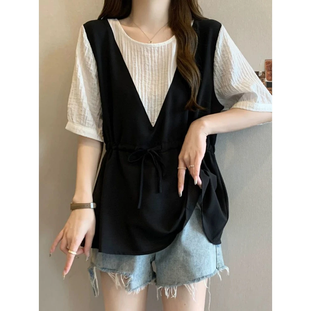 大码女装遮肚子假两件荷叶边短袖衬衫女夏季胖妹妹宽松显瘦雪纺衫