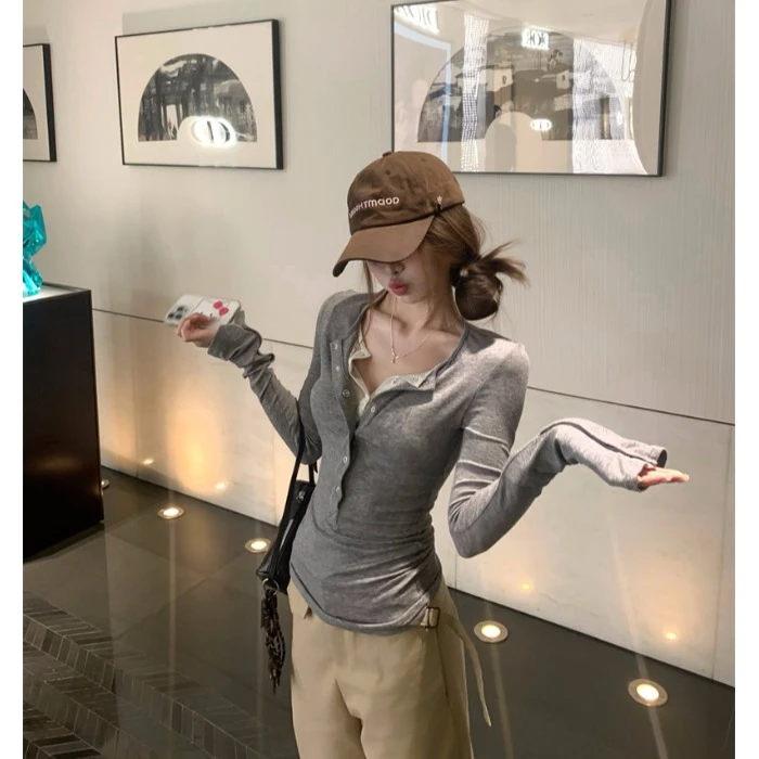 纯欲风假两件蕾丝拼接长袖T恤女装2025秋季新款修身显瘦灰色上衣