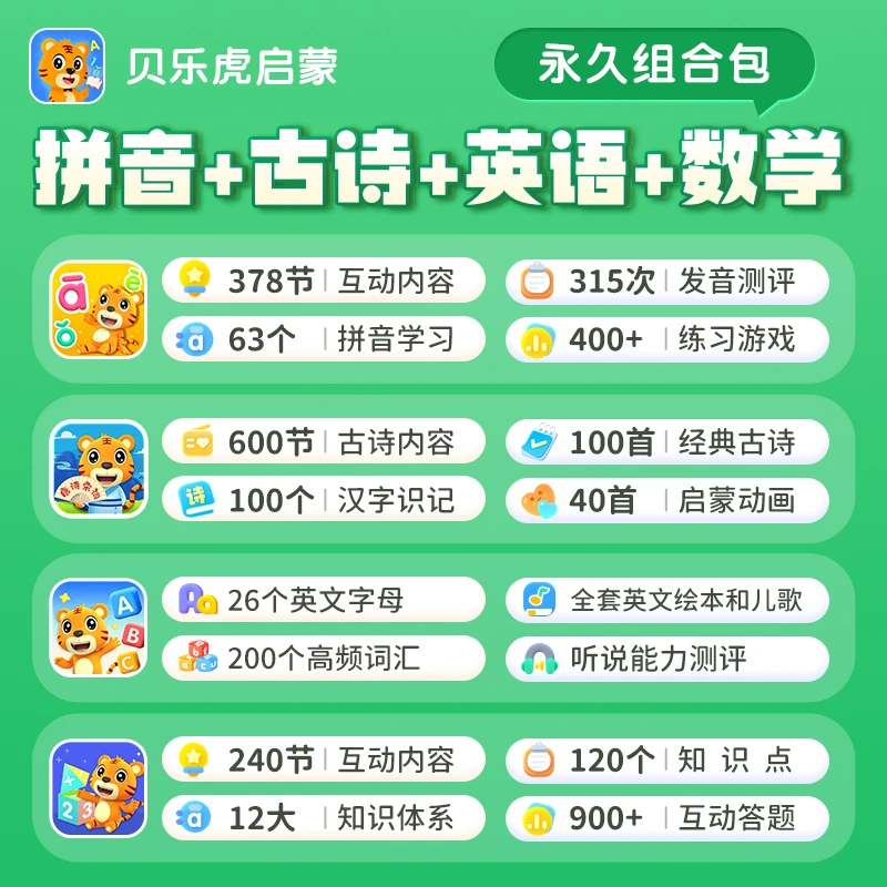 贝乐虎【拼音+古诗+数学+英语】启蒙长期可看