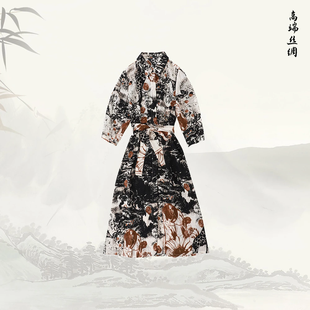 品牌新款气质通勤复古印花系带中袖衬衫裙52803