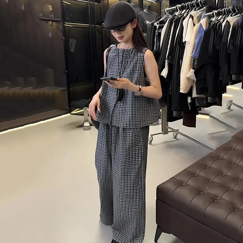 2025夏季格子一整套女高级感轻奢无袖背心衬衫＋休闲阔腿裤两件套