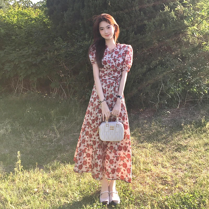 【午后玫瑰】法式碎花连衣裙裙子女夏季新款复古收腰显瘦公主裙