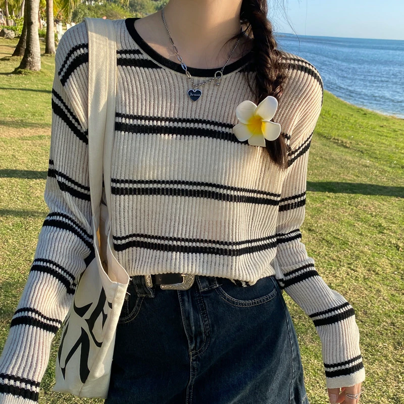 杏色条纹针织衫女内搭2025早秋新款韩系慵懒风毛衣打底上衣