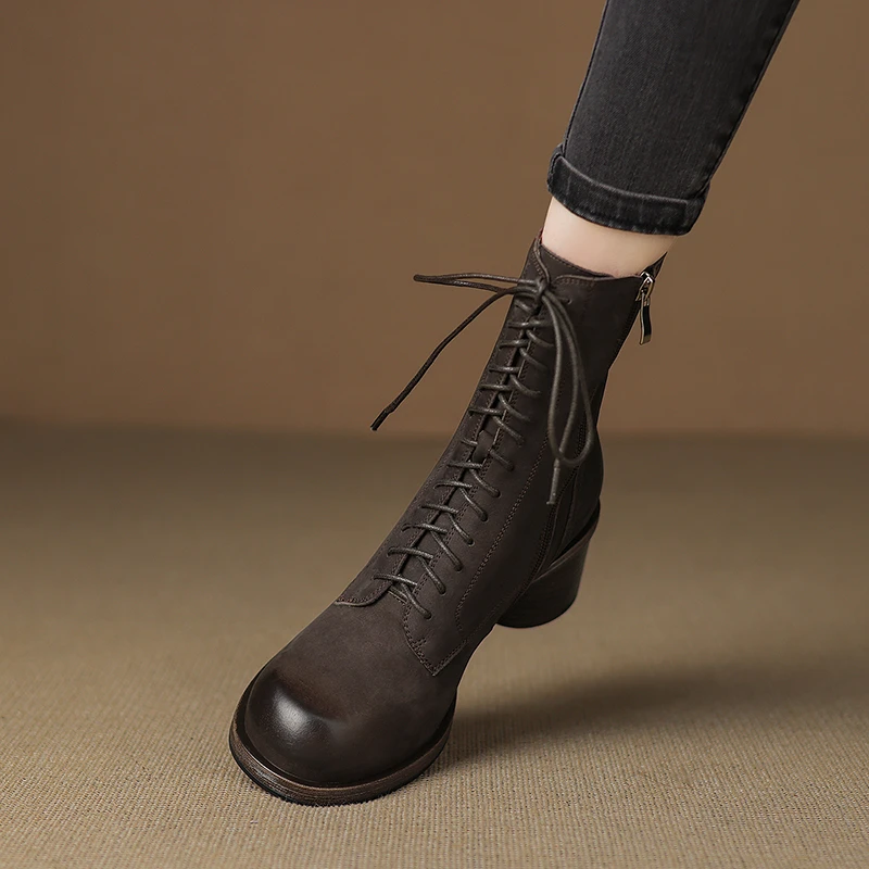 英伦风圆头短靴女粗跟真皮中筒马丁靴2025秋冬新款系带显瘦机车靴