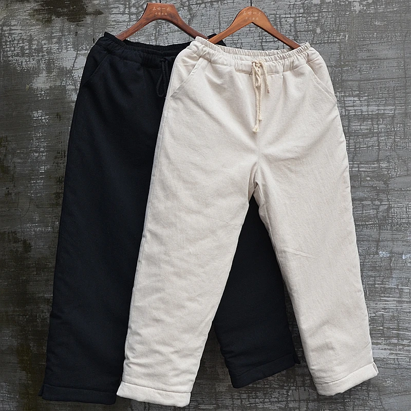 女冬季加厚棉麻棉花保暖棉裤长裤休闲外穿文艺直筒裤大码百搭