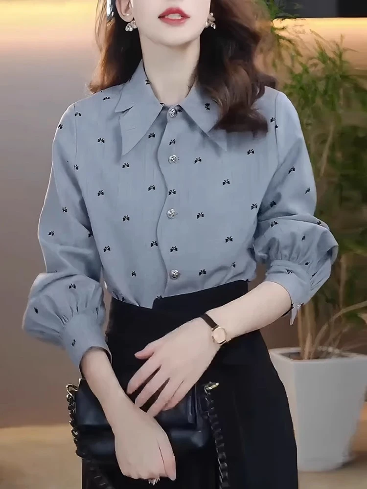 气质小清新蝴蝶结印花衬衫2025春季新款上衣休闲显瘦设计感网红款