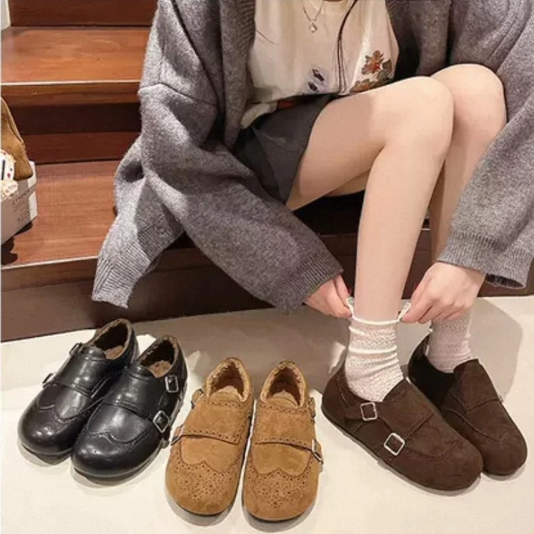 时尚百搭复古风女秋冬加绒一脚蹬豆豆鞋601(加绒双扣豆豆鞋)