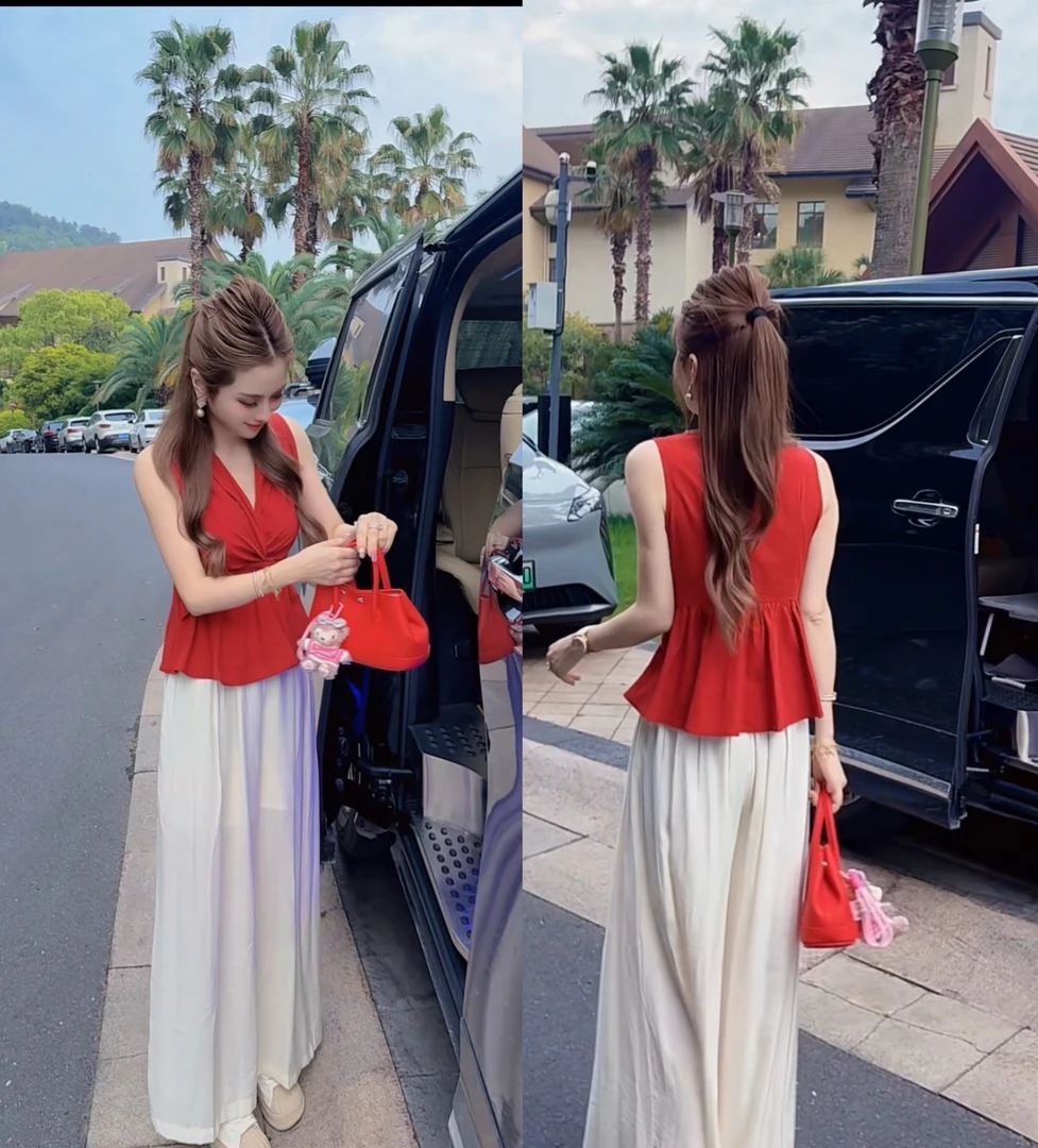 SS.studio/双双“一抹朝红”私服潮流时尚夏款显瘦上衣裤子穿搭套装