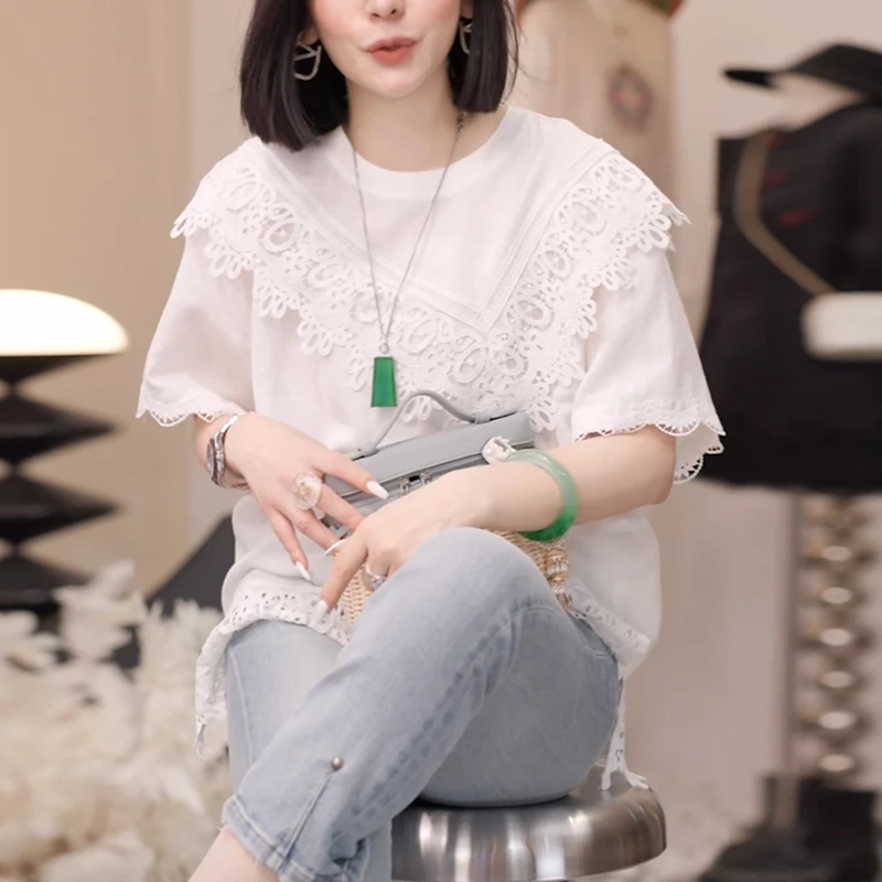 女士白色蕾丝小衫2025夏季新款宽松显瘦刺绣钩花镂空短袖t恤上衣