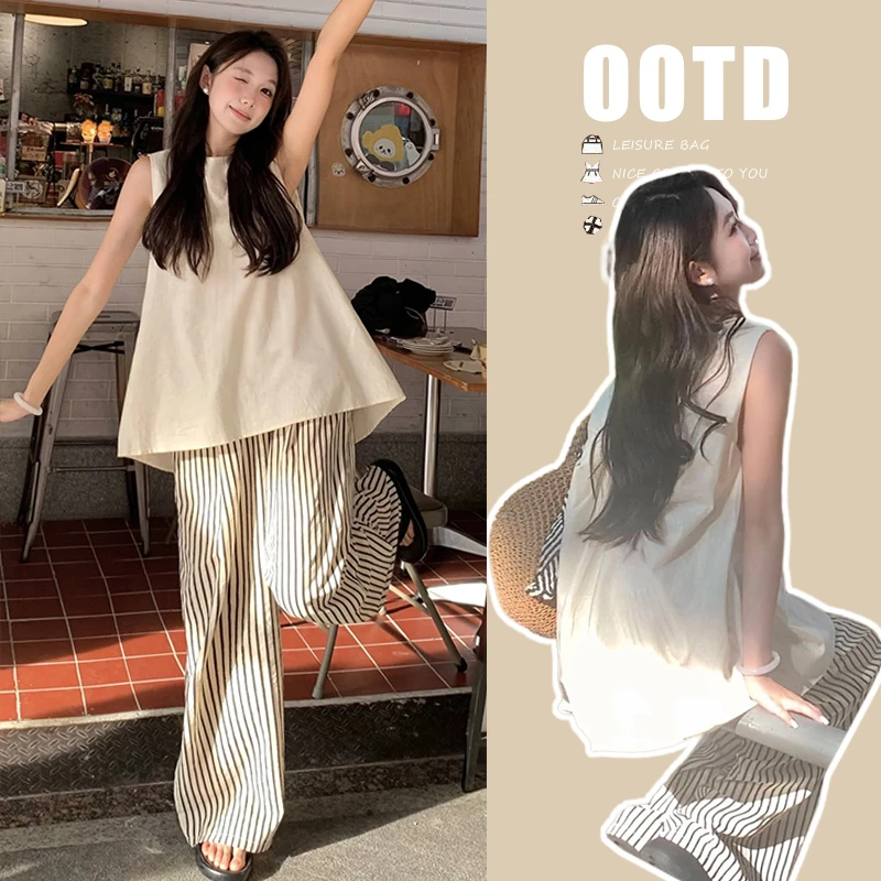 孕妇装新款夏装气质简约露背上衣设计感条纹阔腿裤时髦淑女风套装