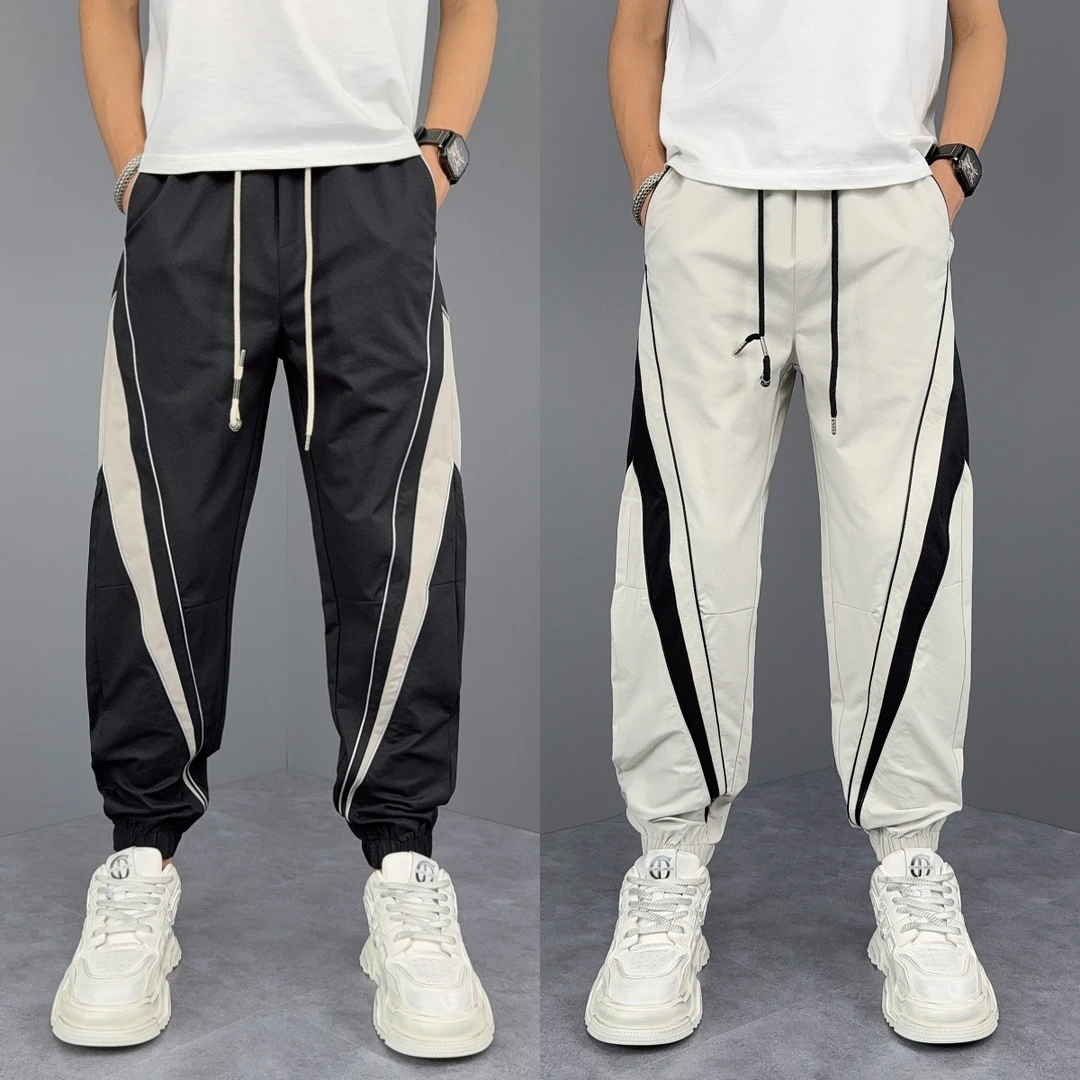 秋季潮牌休闲裤男士小脚裤条纹拼接束脚哈伦裤时尚百搭抽绳九分裤
