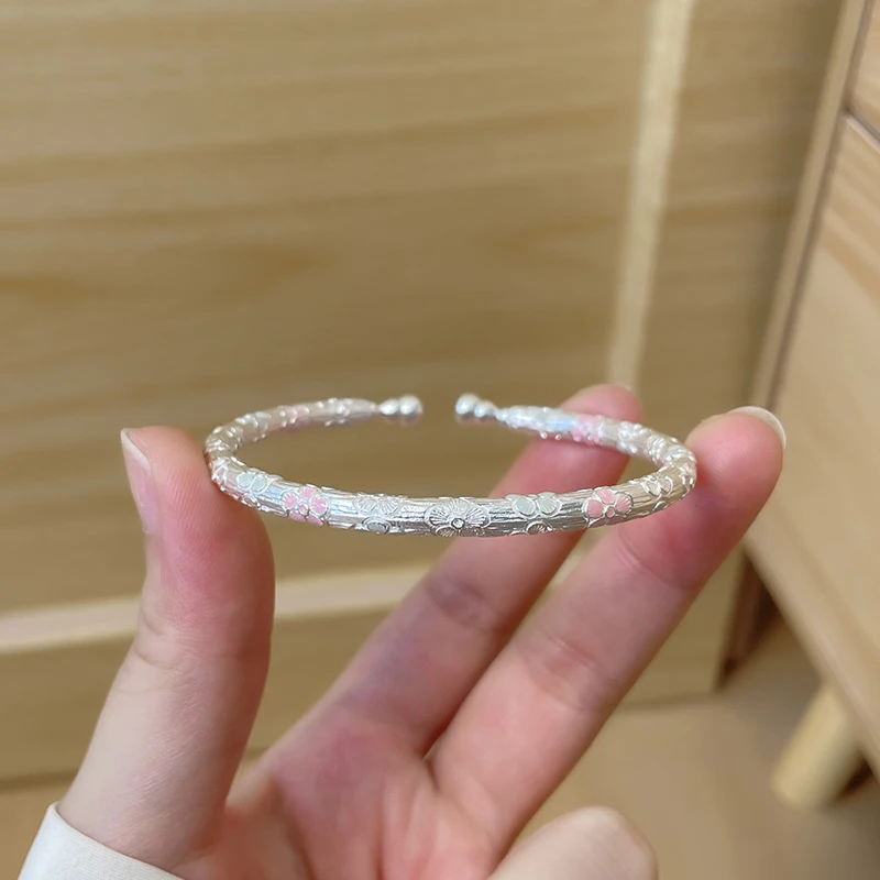 足银珐琅手镯 「探芳信」足银999.9手镯女国风新中式开口银镯子