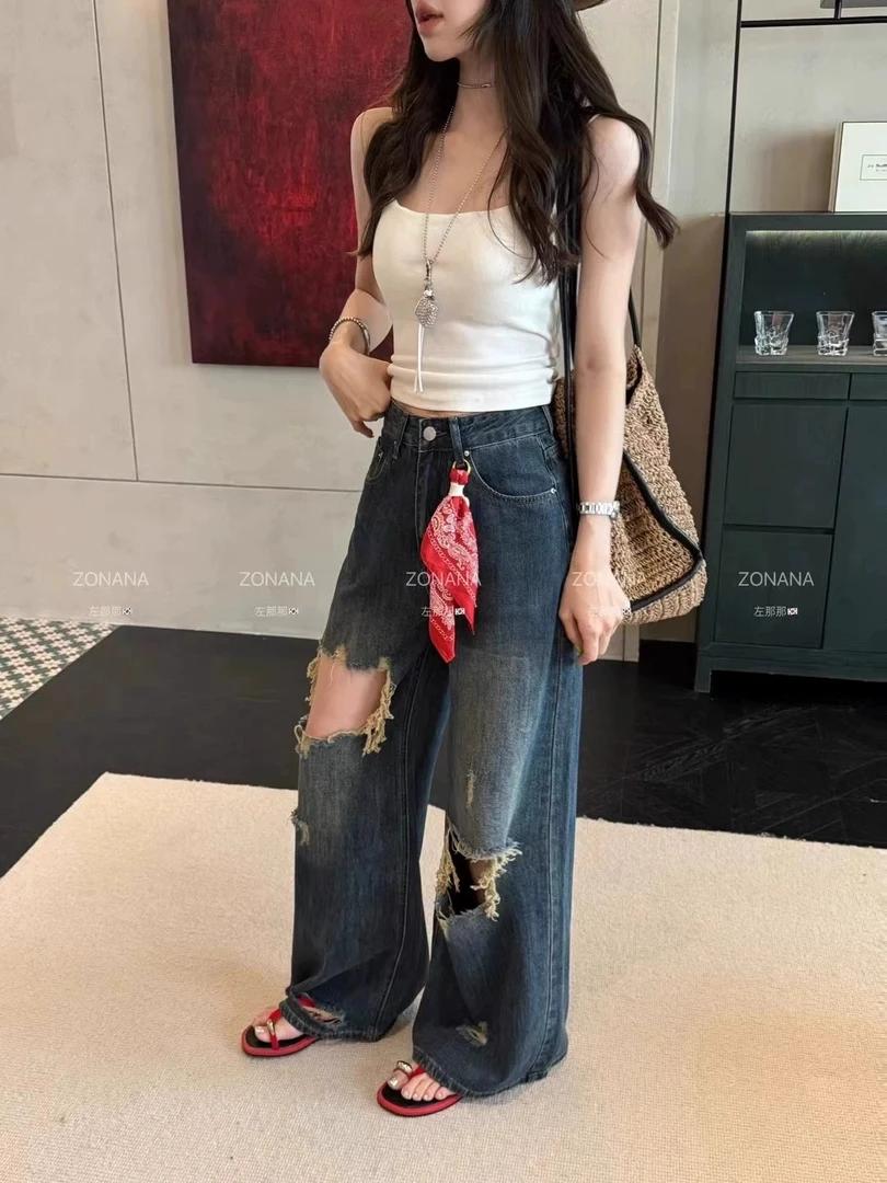 小个子美式复古做旧磨破洞牛仔裤女夏季高街高腰直筒阔腿拖地裤子