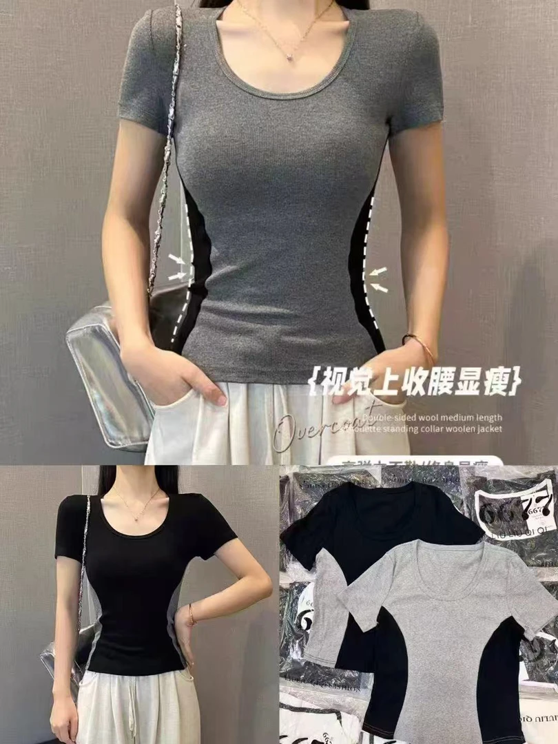 拼色别致U领短袖t恤女装2025夏季新款修身显瘦百搭小众打底衫3751