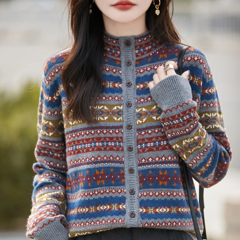 复古提花费尔岛半高领针织毛衣开衫慵懒风宽松上衣港式百搭软糯女