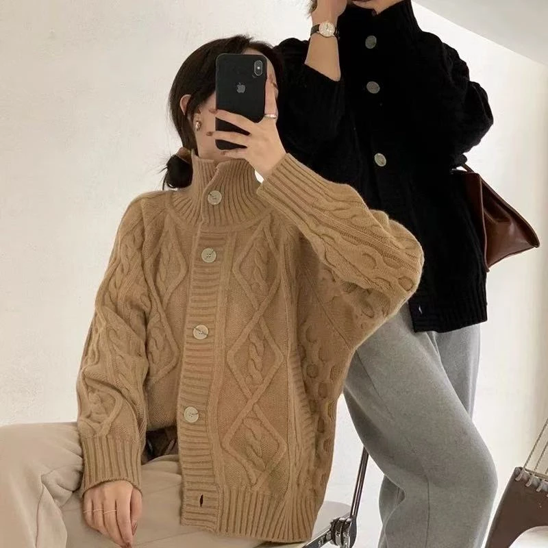 美美服装店 春新款菱形格 宽松慵懒针织衫 开衫
