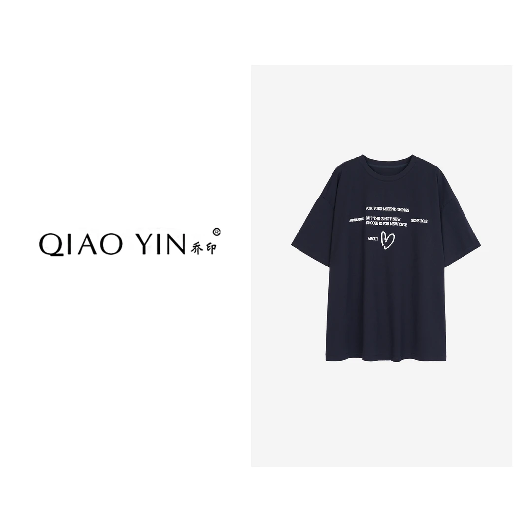 QIAO YIN“T恤”时尚休闲春夏宽松印花设计师圆领QY26735