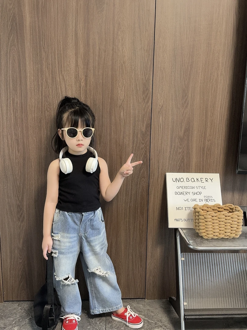 【熙熙TY】韩版女童夏装2025新款百搭纯色高弹短款背心无袖上衣T恤