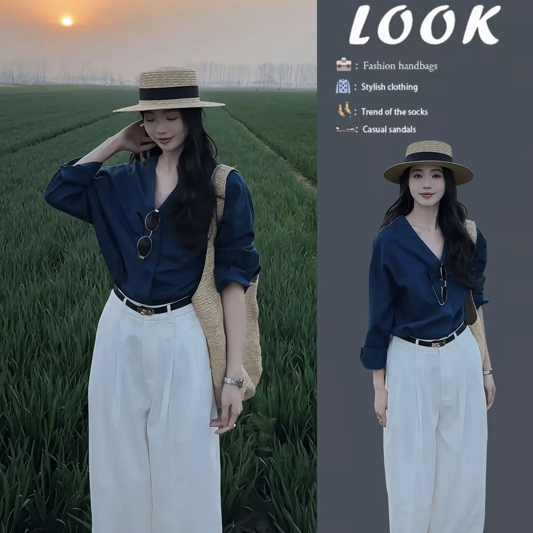 今年流行穿搭一整套女2025新款洋气简约长袖衬衫显瘦阔腿裤两件套