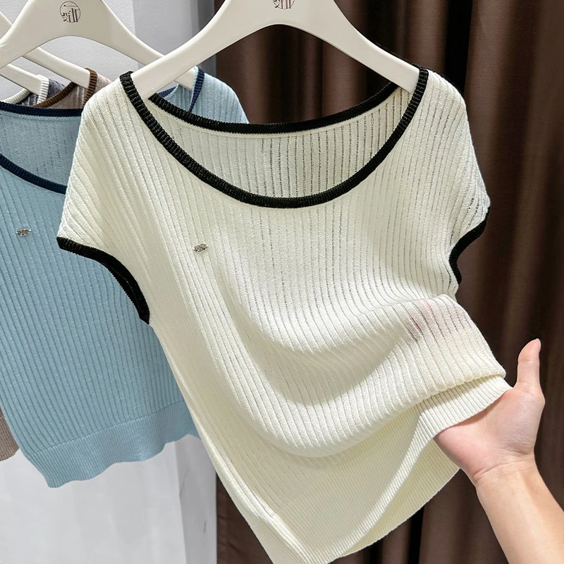 气质韩版ins圆领坑条针织透气亲肤上衣2025夏季新款百搭短袖T恤女