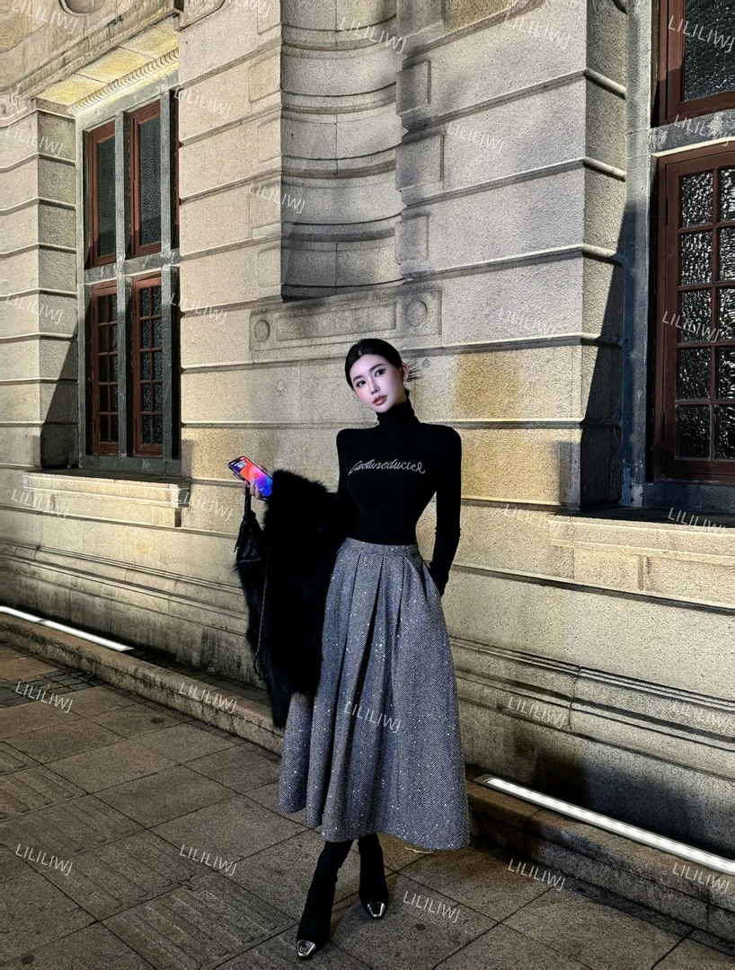 婉君【电影女主】法式高级感亮片时尚中长款半身裙LWJ24D4Q2590