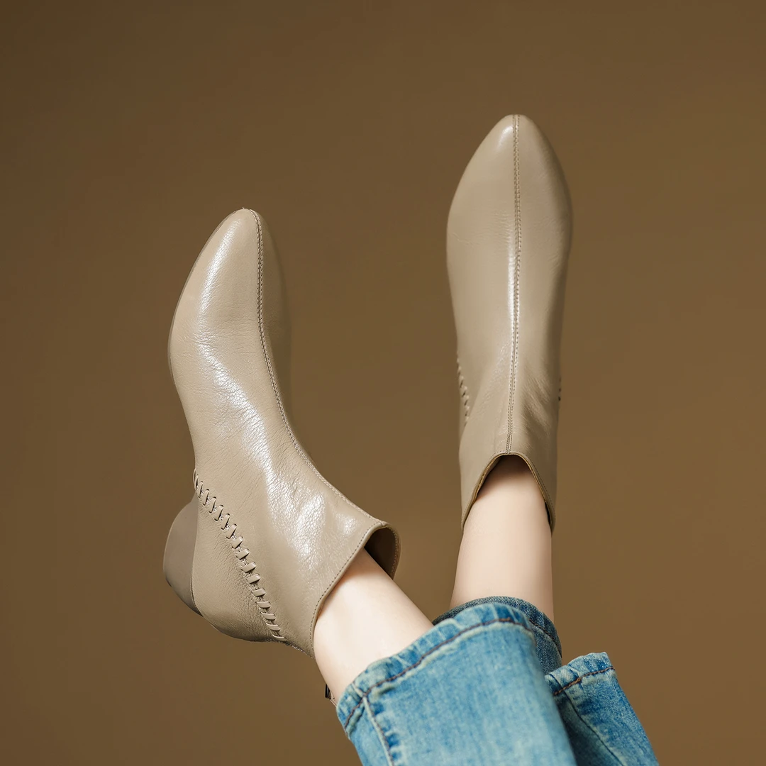 4CM-头层羊皮时装靴新款瘦瘦靴法式女靴秋冬马头层牛皮棕色马丁靴