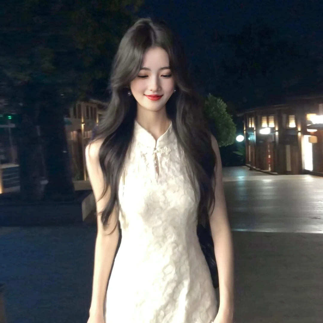 新中式国风提花无袖挂脖连衣裙清冷感温柔气质收腰包臀改良旗袍裙