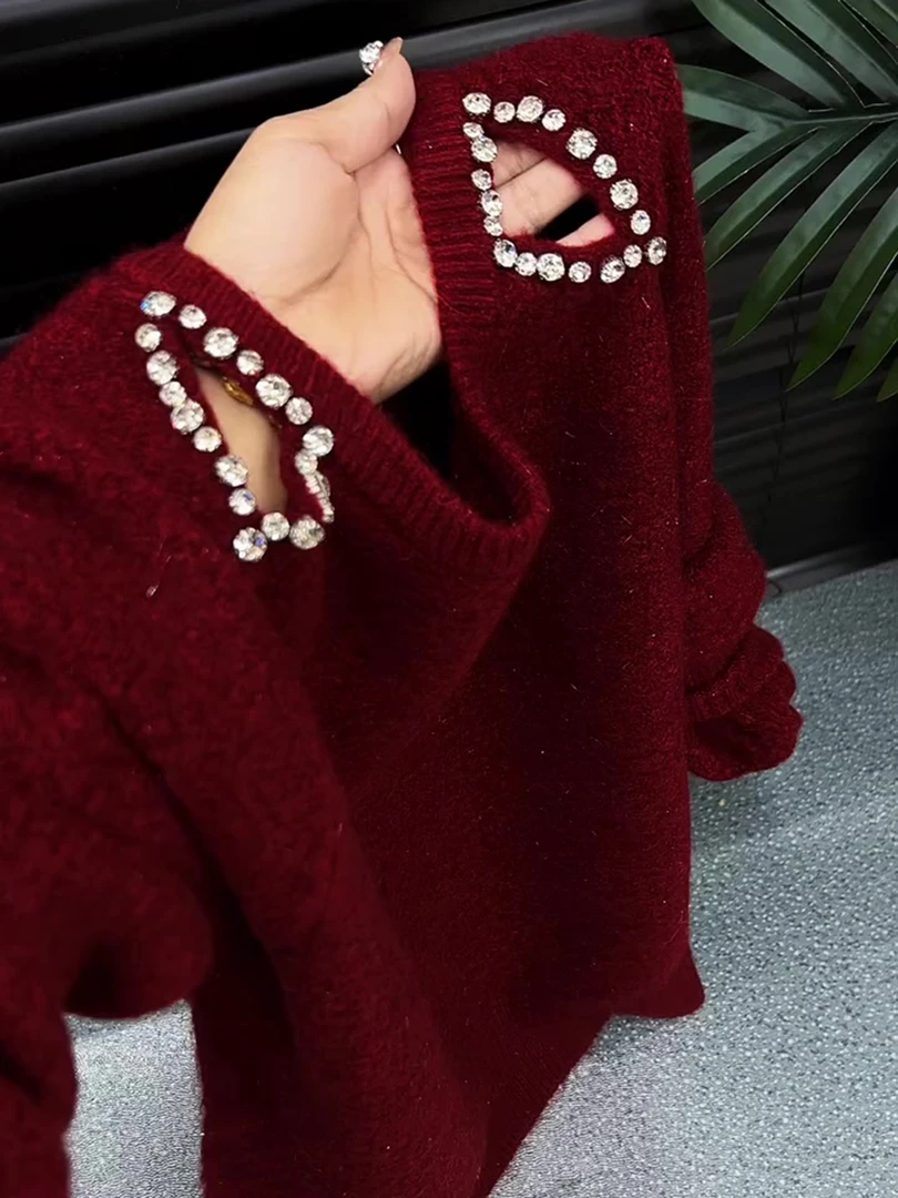 韩系长袖圆领时尚纯色酒红色上衣女2025早秋宽松显瘦慵懒风针织衫