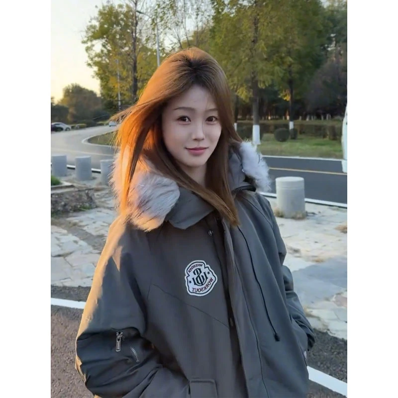 灰色学院风毛领连帽派克服男女冬季加厚保暖防风棉服情侣棉衣外套